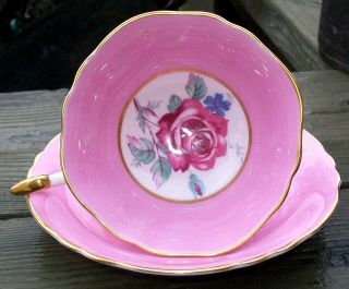 HOT PINK PARAGON WIDE MOUTH TEA CUP SAUCER PINK CABBAGE ROSES DOUBLE WARRANT 4