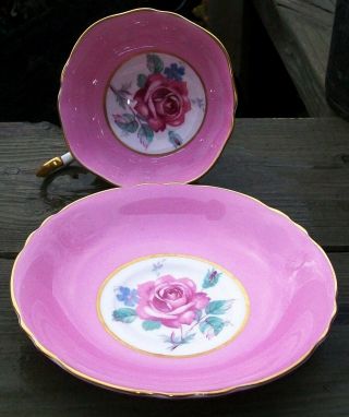 HOT PINK PARAGON WIDE MOUTH TEA CUP SAUCER PINK CABBAGE ROSES DOUBLE WARRANT 5
