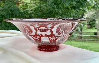 Antique Red Bohemian Glass Cut To Clear Etched Bowl 12 1/8 " Scenes