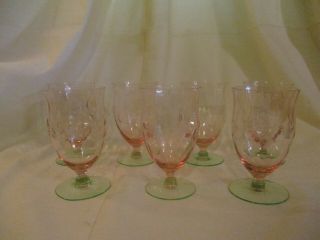 Set Of 7 Tiffin Glass Pink & Green Watermelon Diamond Optic Etched Water Goblets