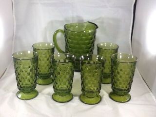 Vintage Fostoria Indiana Whitehall Colony Cubist Green Glass Pitcher & 6 Glasses