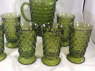 Vintage Fostoria Indiana Whitehall Colony Cubist Green Glass Pitcher & 6 Glasses 2