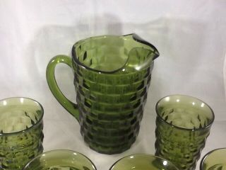 Vintage Fostoria Indiana Whitehall Colony Cubist Green Glass Pitcher & 6 Glasses 3