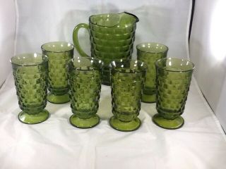 Vintage Fostoria Indiana Whitehall Colony Cubist Green Glass Pitcher & 6 Glasses 4