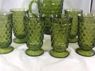 Vintage Fostoria Indiana Whitehall Colony Cubist Green Glass Pitcher & 6 Glasses 5