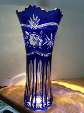 Crystal Vase Cobalt Blue Cut To Clear 9” Gorgeous Of This Beauty