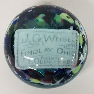 Vintage Art Glass Advertising Paperweight Jg Weigel Findlay Ohio 1891 F Olmstead