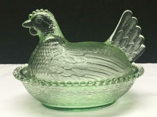 Htf Indiana Glass Pastel Green Hen On The Nest Covered Chicken Candy Dish Vtg