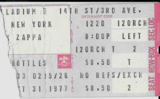 Frank Zappa Palladium Ticket Stub Halloween 1977 10/31/77 8 P.  M.  Nyc York