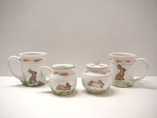 Hand Painted Bunny Rabbit Latte Coffee Set Mugs Cream Pitcher & Sugar Hungary