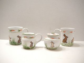 Hand Painted Bunny Rabbit Latte Coffee Set Mugs Cream Pitcher & Sugar Hungary 2