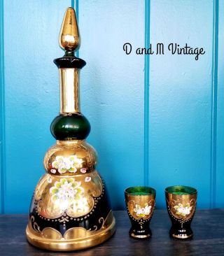 Bohemian Green Glass Decanter & 2 Glasses W/gold & Raised Enamel Flowers Trim