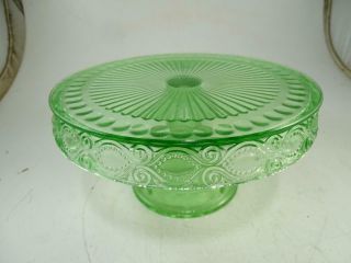 Antique Green Depression Glass Cake Stand Miniature 8.  5 " Wide Vintage 1920s Old