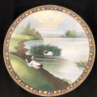 Vintage Porcelain Nippon Hand Painted Plate White Swans River Lake Japan