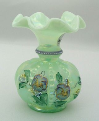 Fenton Glass - 4 1/2 " Iridescent Vase - Sea Green Ruffled Melon Beaded - Signed