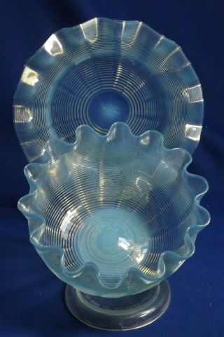 Antique Stevens & Williams Blue Opalescent Art Glass Threaded Bowl & Underplate