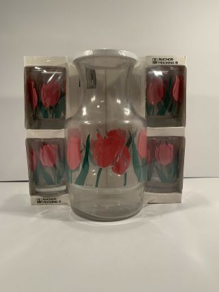 Nip Vintage Set Anchor Hocking Pink Tulip Juice Carafe & 4 Drinking Glasses
