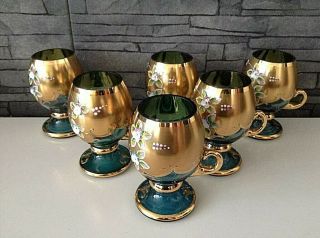Czech Bohemia Crystal Glass - Blue Tee Set Egermann With Gold 6pc