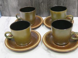Set 4 Heath Ceramics California Pottery 3.  25 " Mugs And Saucers Brown Black Mcm