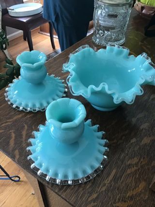 fenton turquoise silvercrest candlesticks,  6 inch bowl 2