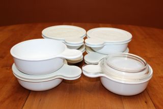 Corning P - 150 - B Grab It Bowls (x7) with 1 Pyrex Glass Lid and 5 Rubber Lids GUC 3