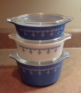 3 Pc Vintage Blue Pyrex Garland Snowflake Casserole Set W/lids 471,  472,  473