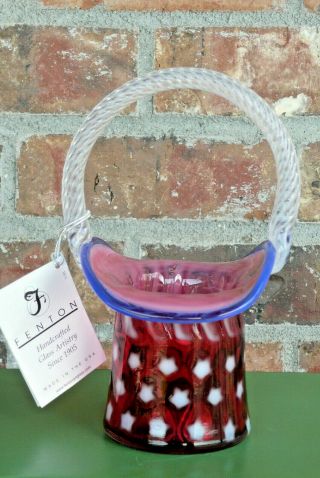 Fenton Stars & Stripes 2001 Art Glass Top Hat Basket Cranberry W/cobalt Crest