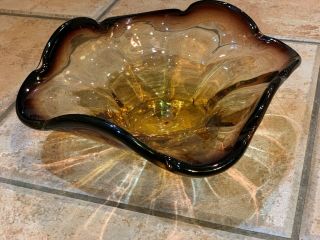 Vintage Venetian Murano Amber Brown Clear Glass Bowl Heavy Mid Century Italy