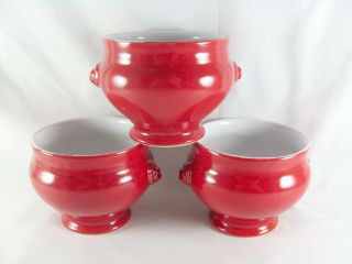 3 Emile Henry Lions Head Red Soup Bowls,  3 - 5/8 ",  Footed,  Le Potier,  6600
