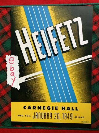 1949 Heifetz Carnegie Hall Flyer York City Box D Handbill Vgc Vivid Color