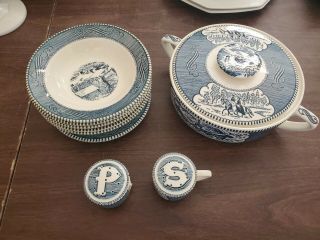 Royal China Currier & Ives,  Blue & White Bowls,  Sugar Bowl,  Lid,  Salt Pepper
