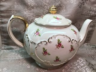Vintage Sadler England Teapot Pink Rose Swirl Gold Trim Numbered 2329