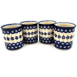 Boleslawiec Zaklady Polish Pottery Cup No Handle Mug Set Of 4 Peacock Flower Dot