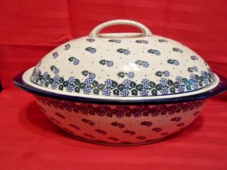 Large Rare Polish Pottery 16 " Oval Roaster/baker Casserole Dish W/lid -
