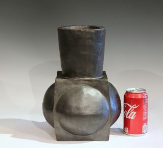 Large Vintage Studio Pottery Carved Square Sphere Hand Built Gunmetal Black Vase