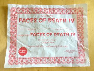 Vintage 1990 Faces Of Death 4 Movie Promo Certificate Gorgon Video Iv