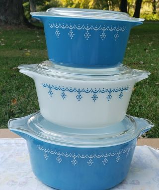 Vintage Pyrex Blue Garland/snowflake Set W/lid - 473 474 475