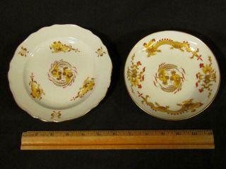 2 Old Meissen Yellow Dragon & Phoenix Saucers / Small Bowls
