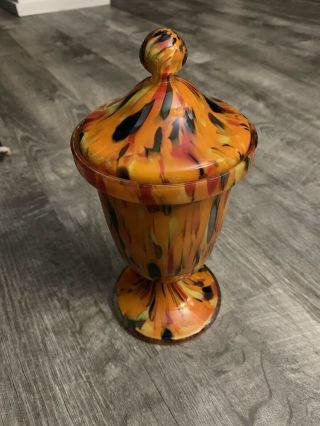 Vintage Signed Czechoslovakia Art Glass Vase Orange Multi Jar Lid
