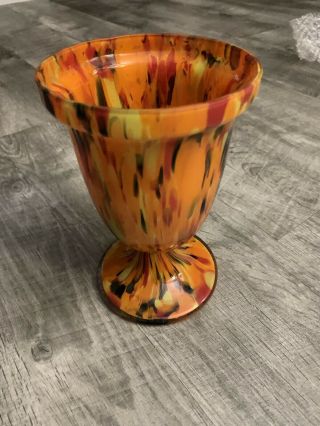 Vintage Signed Czechoslovakia Art Glass Vase Orange Multi Jar Lid 3