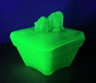 Art Deco Green Uranium Glass Basset Hound Dog Powder Jar Consolidated Lamp
