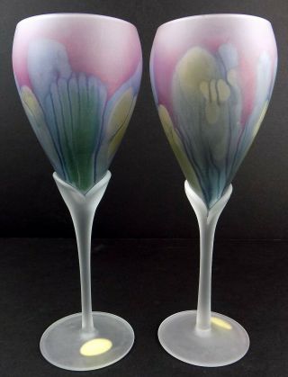 Vintage Pair Rueven Nouveau Art Glass Hand Painted Stemware 9.  5 " Satin Finish
