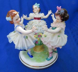 Muller & Co Dresden German Porcelain Irish Lace Figurine 3 Little Girls Dancing