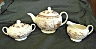 Johnson Bros.  " Historic America " Brown Tea Set; Teapot,  Creamer,  Sugar