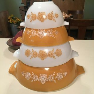 Vintage Pyrex Butterfly Gold Set 4 Cinderella Mixing Nesting Bowls Ec Shiny