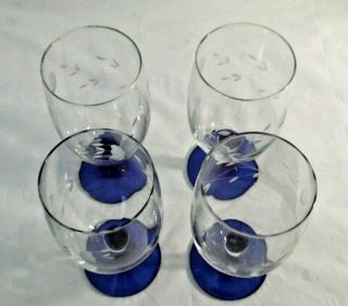 Vtg.  (4) Heritage Clear Ice Tea Glasses By Princess House W/cobalt Blue Stem&base