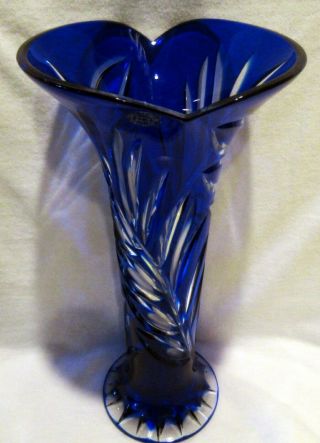 Vintage Czech Bohemian Cobalt Blue Cut To Clear Heavy 24 Lead Crystal Vase 12 "