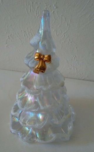 Fenton Art Glass Iridescent Christmas Tree Snow Frost Gold Bow 6 1/2 " 5535 Vn