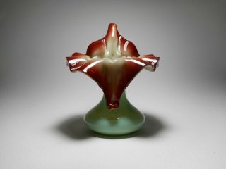 Antique 19th C.  Oxblood On Opalescent Lime Green Blown Art Glass Jip Vase