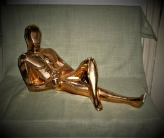 Jaru Male Nude 1977 California Pottery Gold Over White Deco Cubist Sculpture